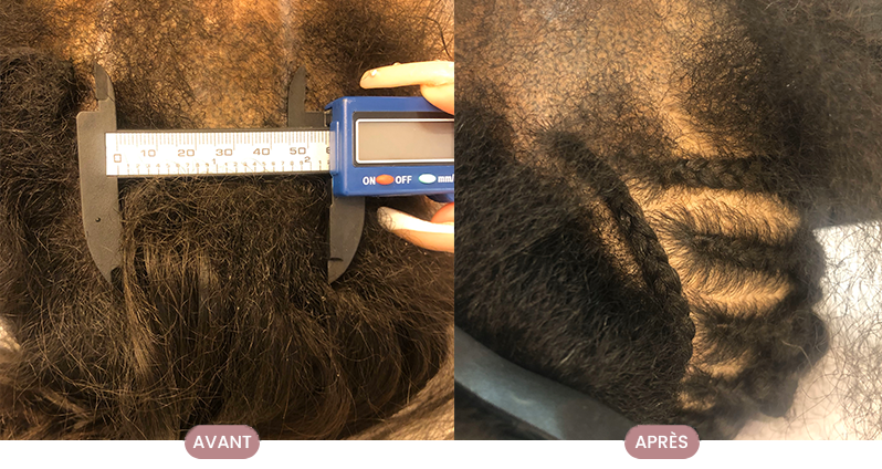 Cliente Crüe affichant confiance et satisfaction avec ses cheveux revitalisés