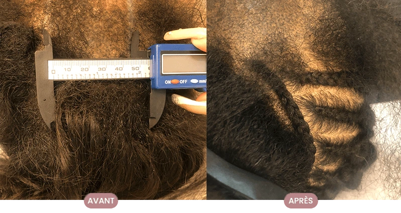 Cliente Crüe affichant confiance et satisfaction avec ses cheveux revitalisés